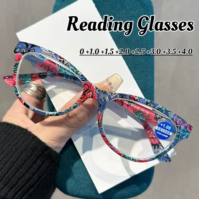 موضة جديدة زهرة نمط إطار نظارات للقراءة محايد جديد القط العين عالية الوضوح الضوء الأزرق حجب طول النظر الشيخوخي نظارات + 4.0 #1