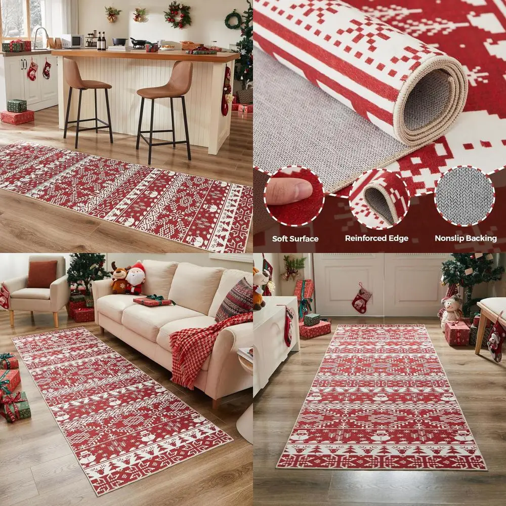 

Red Christmas Runner Rugs: Machine Washable, Soft Low Pile, Ideal for Hallways, Entryways, Kitchens, and Beside Beds, Festive Sn