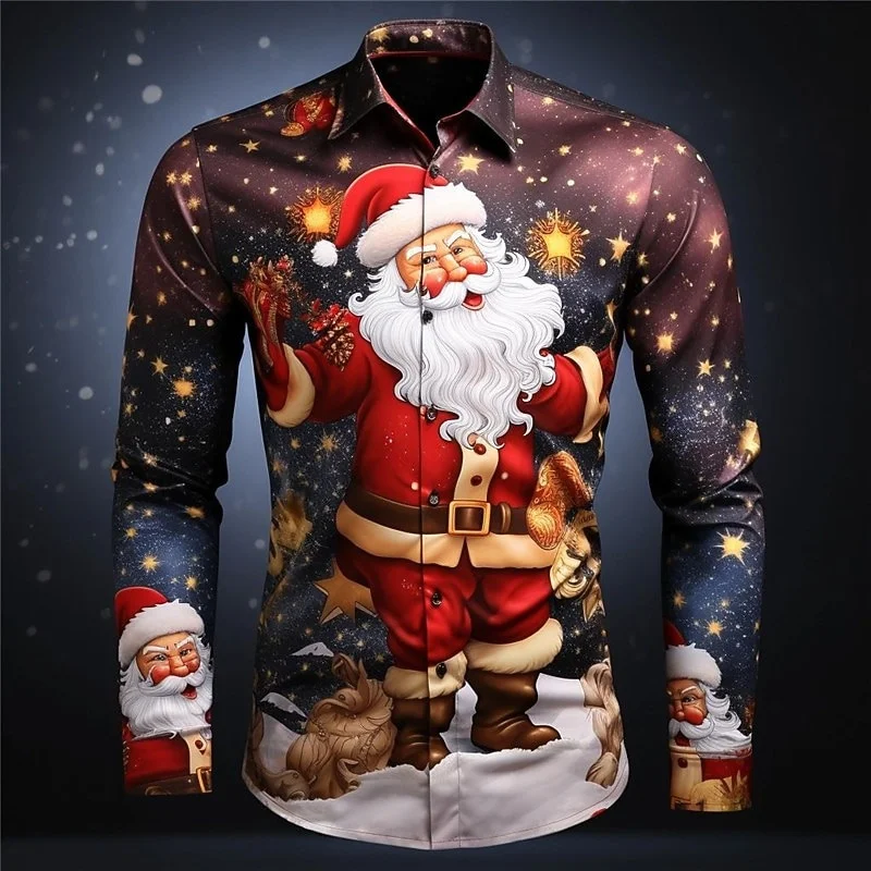 Santa Claus pattern casual men's long sleeved shirt 3D pattern printed lapel long sleeved loose shirt new product