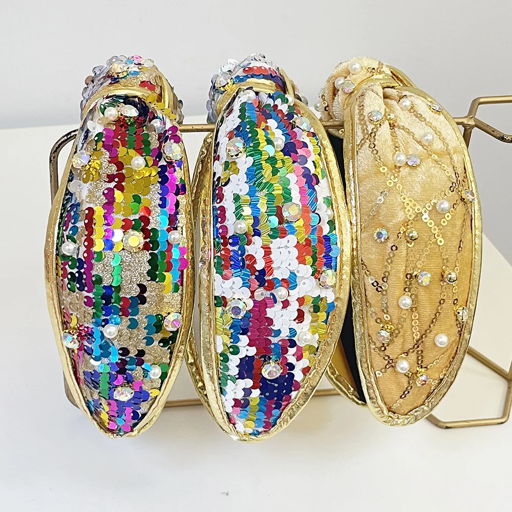 

European and American Fashion Blue and White Sequin Knotted Headband for Women Hair Accessories