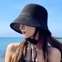 Lace-Up Bucket Hat for Women Thin Breathable Hollow Out Basin Hat UV Sun Protection Hats Summer Travel Vacation Panana Beach Cap