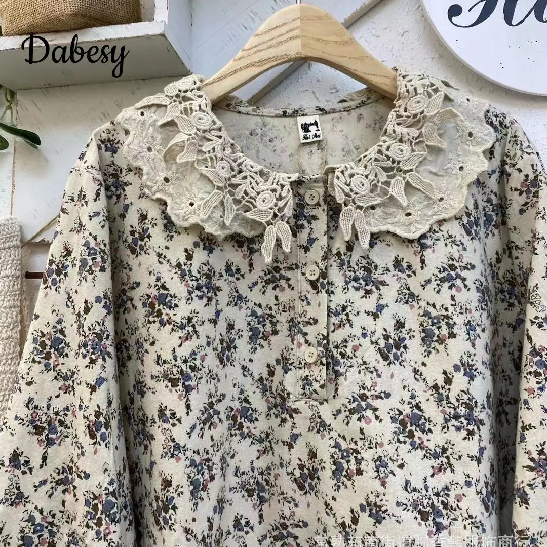 Vintage Flower Mori kei clothing Women Autumn Sweet Ruffled Peter Pan Collar Long Sleeve Tops Casual cotton shirts and blouses