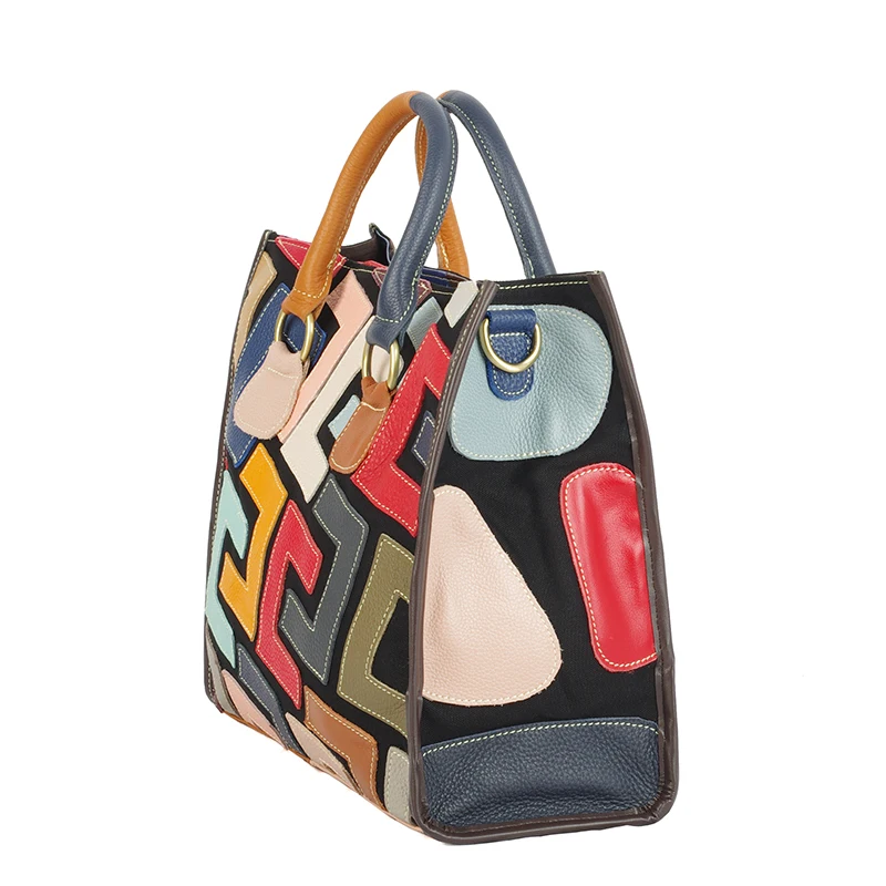 Prawdziwa skóra bydlęca ręcznie szyta torba z losowymi kontrastowymi kolorami, na co dzień ręczna torba crossbody dla kobiet