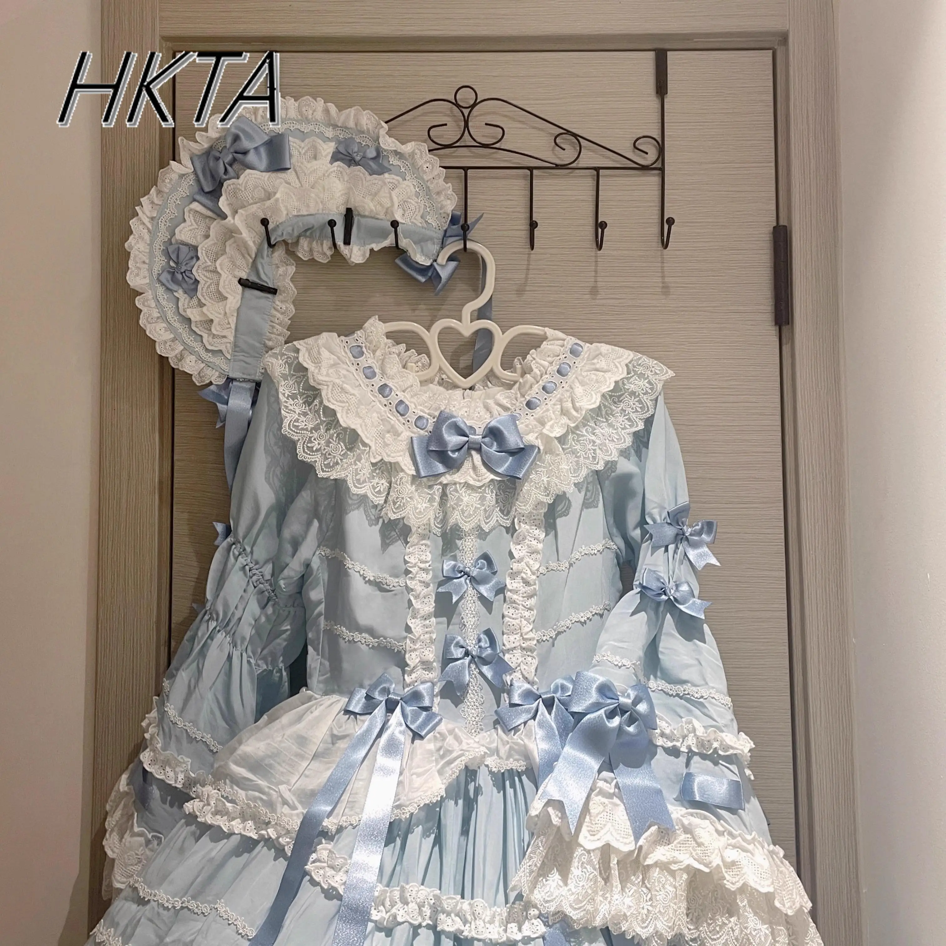 Elegancka Koronkowa Suknia Balowa z Długim Rękawem i Plisami, Sukienka Księżniczki, Damska Letnia Słodka Urocza Wyszczuplająca Sukienka Tortowa z Długim Dołem, Lolita Dziewczyna