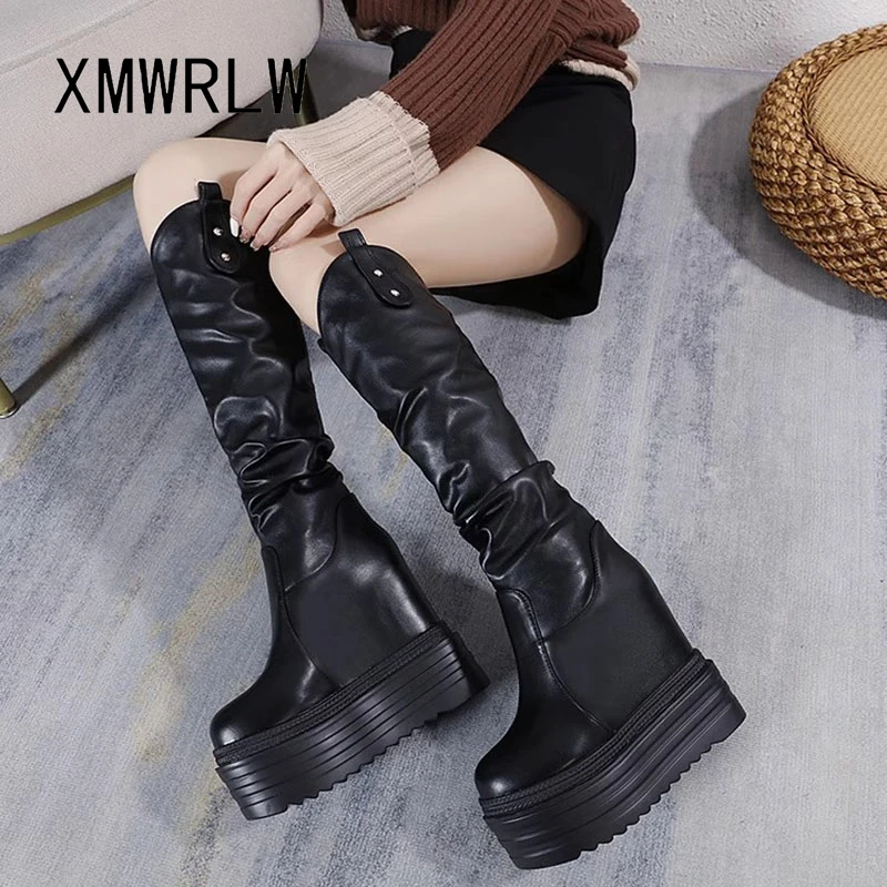 XMWRLW женские осенне-зимние сапоги до колена из искусственной кожи, модные женские туфли на толстой подошве, зимние высокие сапоги, туфли на резиновой подошве