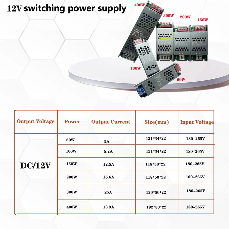 DC 12V 24V Ultra cienki zasilacz LED AC180-265V Wyciszone transformatory oświetleniowe 60W 100W 150W 200W 300W 400W Sterownik światła LED