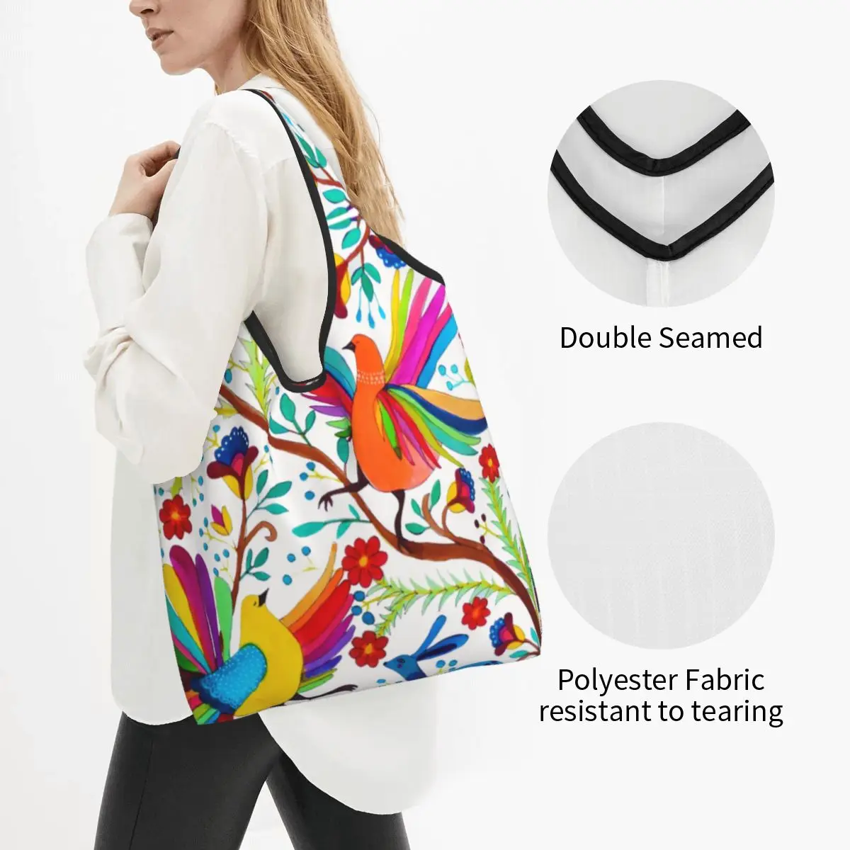 Schattige Print Mexicaanse Otomi Bloemen Amate Winkelen Draagtassen Draagbare Shopper Schouder Mexico Textiel Handtas