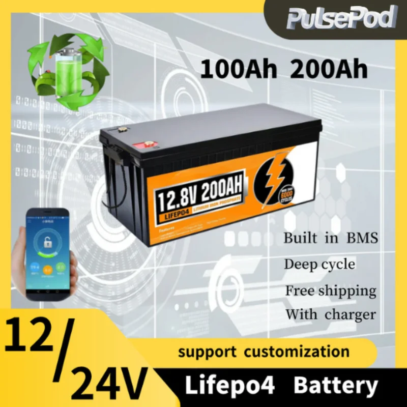 

12V 24V LiFePO4 Battery 100Ah 200Ah Bluetooth Solar Lithium Battery Pack 6000 Cycles with BMS for Home Solar System