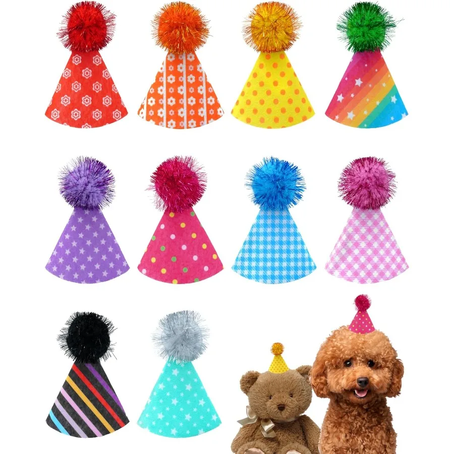 10 عبوات من قبعات الحفلات الصغيرة لعيد ميلاد الكلاب الصغيرة والحيوانات المحشوة والدمى والجرو والقطط وعصابة رأس قابلة للتعديل قبعات ملونة للعطلات