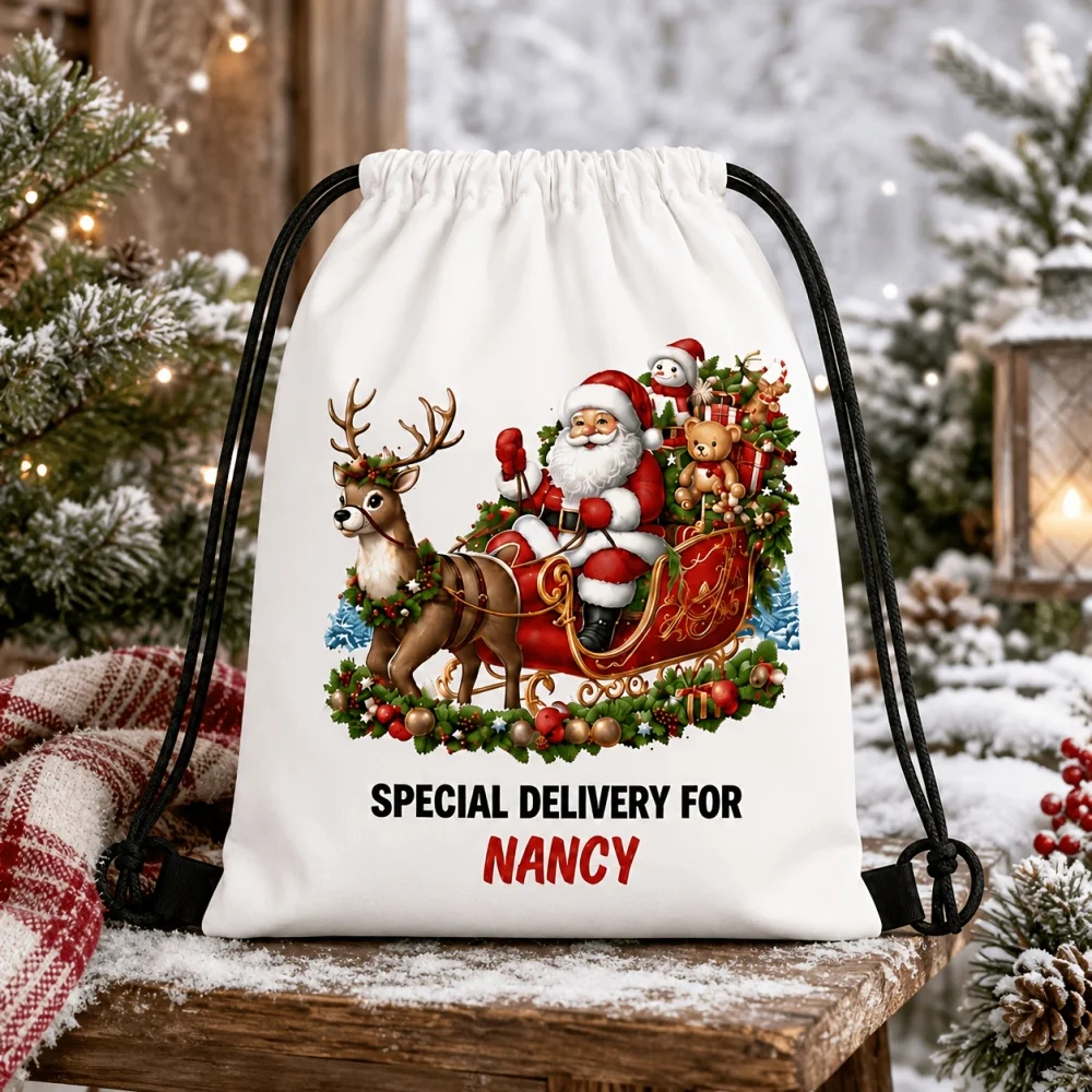 1Pc Custom Text/Name Santa Claus Drawstring Backpack,Christmas Gift Storage Pouch,Lightweight Sports Bag,Outdoor Travel Rucksack