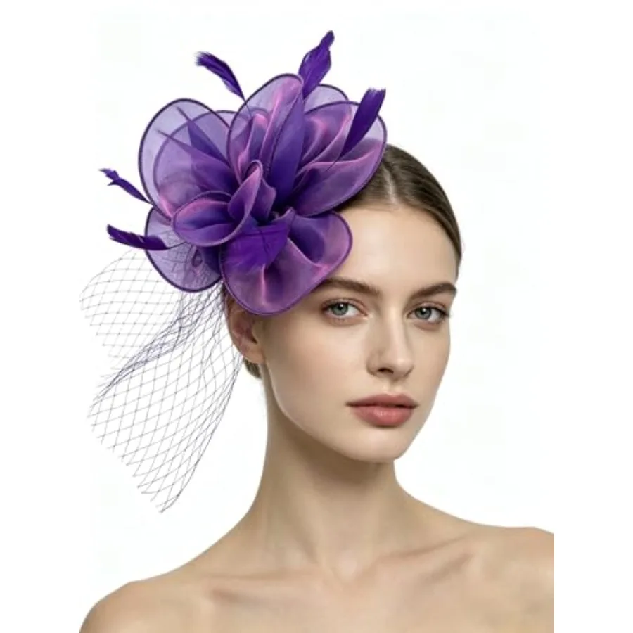 SAFERIN Women's Fascinators Feathers Tea Party Hat Veil Headband with Hair Clip for Cocktail Church