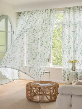 Chinese Wholesale Luxury Green Turkish Linen Look 100%Polyester Floral Designs White Sheer Curtain for Home Cafe Kitchen