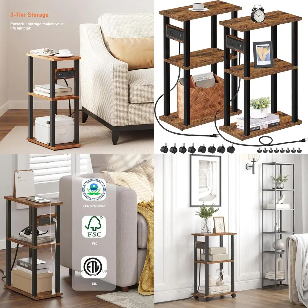 

Compact Dual Side Tables with Charging Ports, Sleek End Tables for Small Spaces, USB & Outlet Nightstand Set, Mobile Bedside Tab