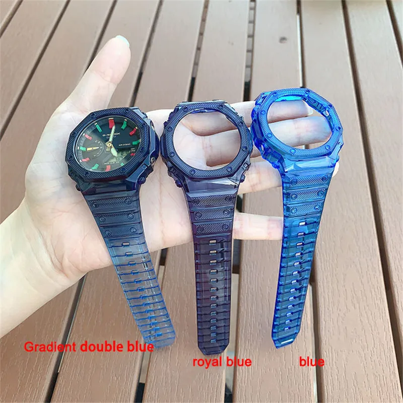 Transparent Resin Case+ Strap For Casio G-SHOCK GA-2100 Bracelet Replace Band Bezel Belt Gradient Rainbow Watchband 19 Colors