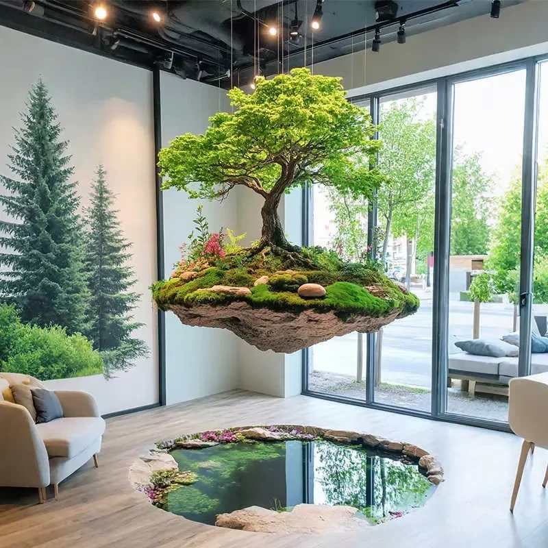 Simulated Green Dreamy Floating Island Landscape Creative Rockery Hanging Moss Plants Commercial Window Garden Ornaments