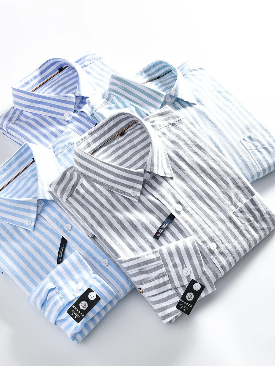 

Classic Japanese Style Pure Cotton Oxford Weave Men's Spring Washed Casual Striped Long Sleeve Shirt Trendy Standard Fit Fash...
