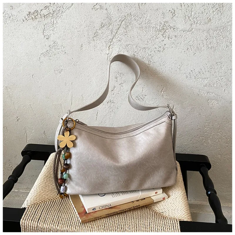 Women Vintage Soft Leather Hobo Bag with Flower Bead Pendant Multi Strap Crossbody Shoulder Bag Casual Daily Underarm Handbag