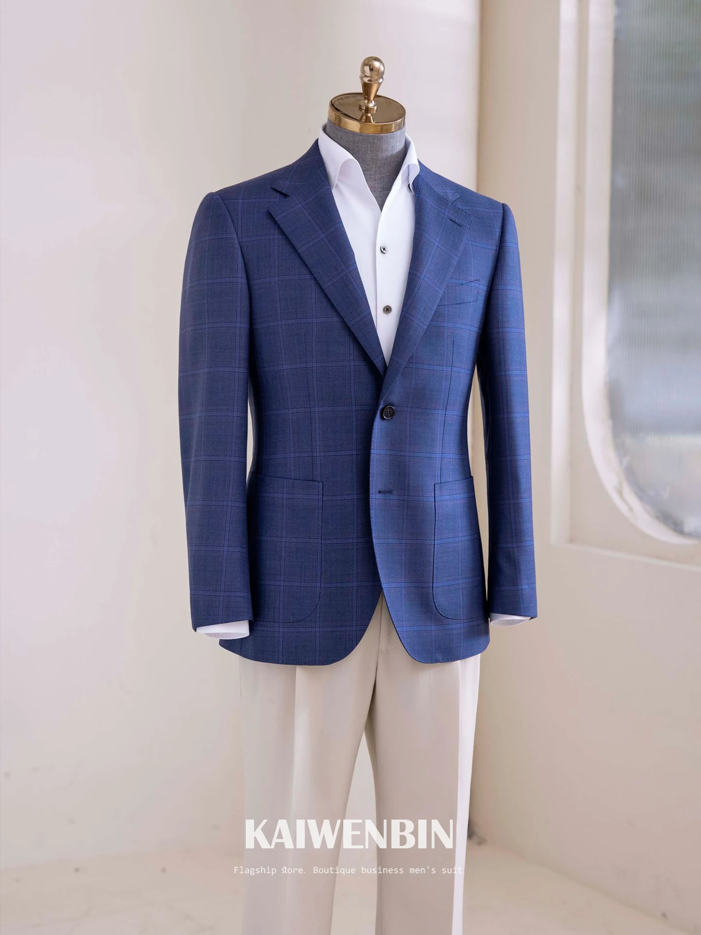 Men's Custom Italian Style Blue Worsted Plaid Pure Wool Blazer Suit Set Light Luxury Business Casual Handsome Outfit for Wedding