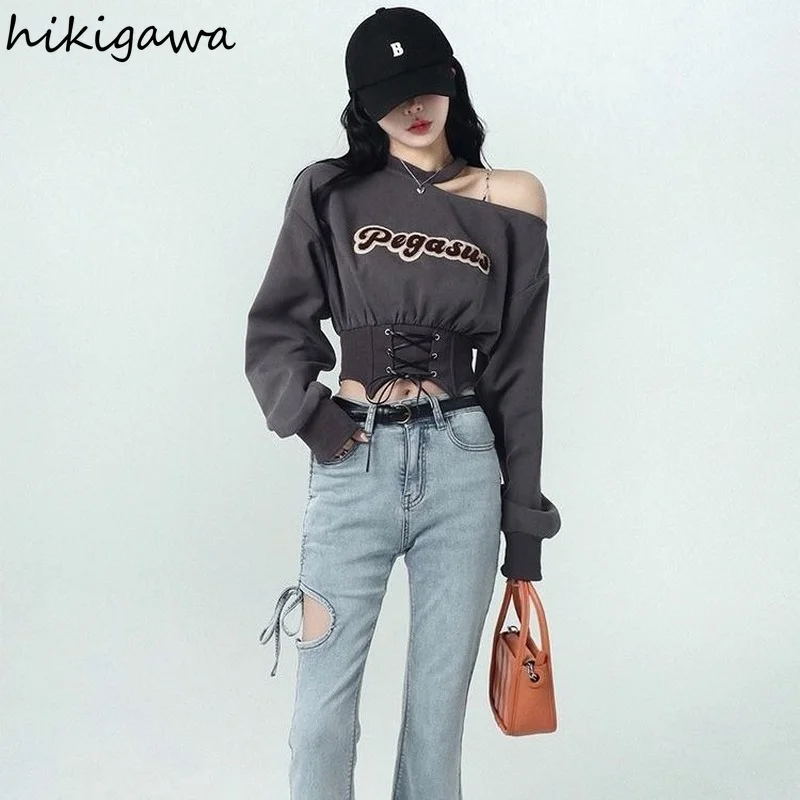 Hoodies Women Streetwear Fashion Tops Korean Clothes for Teens Long Sleeve Off Shoulder Bandage Pullovers Goth Y2k Sweatshirt