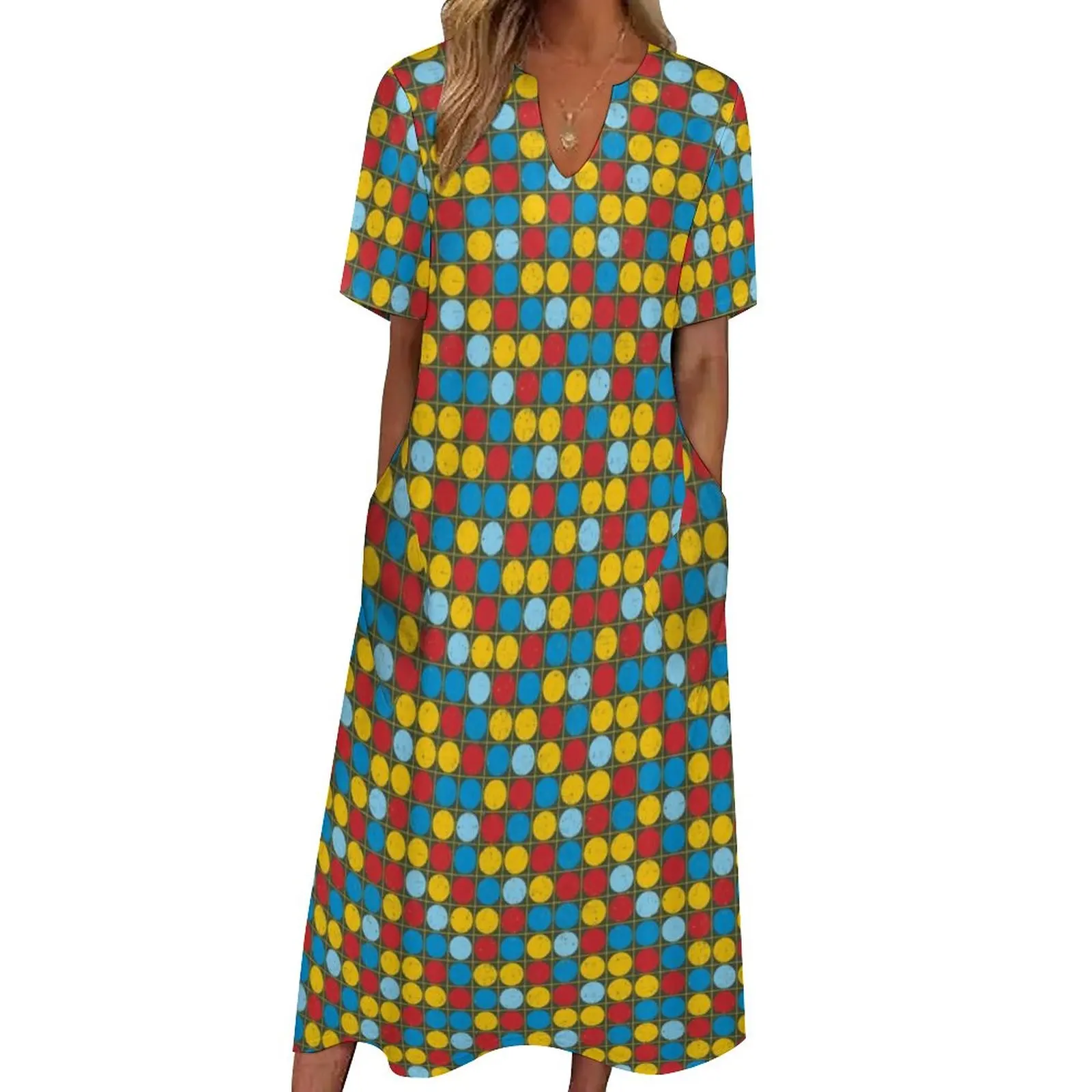 Retro 70S Disco Dress Colorful Dots Print Night Club Maxi Dress Fashion Casual Long Dresses Summer Short Sleeve Graphic Clothes