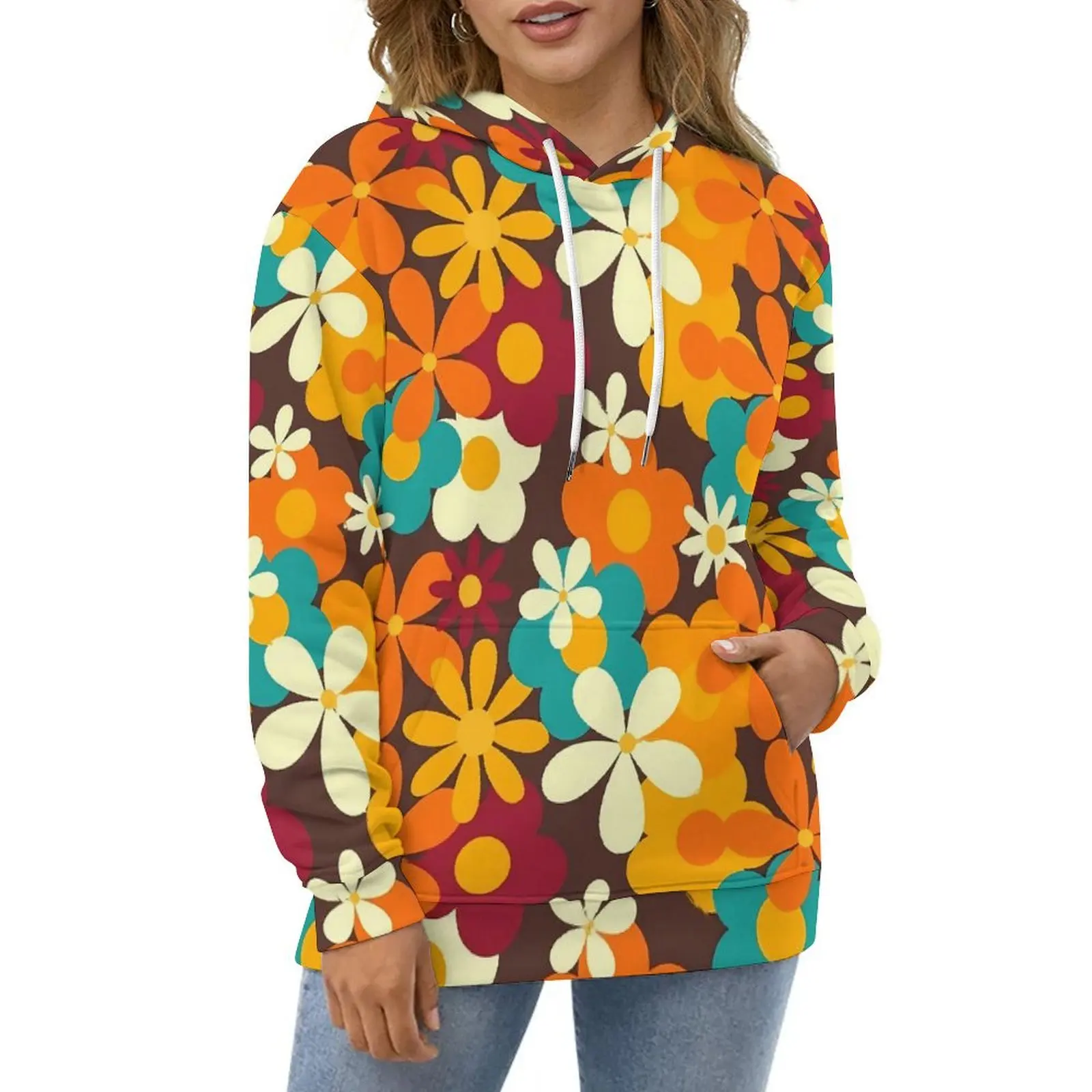 Retro Flower Power Casual Hoodies 70s Classic Floral Pretty Custom Loose Hoodie Spring Long Sleeve Street Style Oversized Top