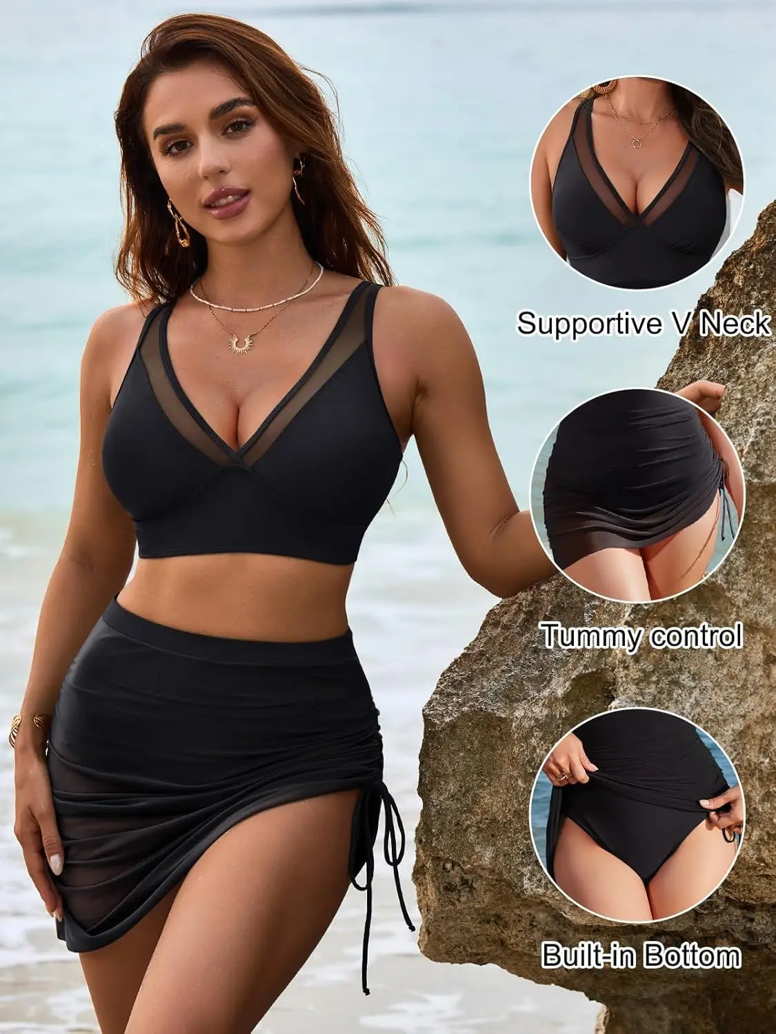 

Melphieer Women Inspired High Waist Two Piece Swim Dress Tummy Control Swimsuits Mesh V-neck Bathing Suits Summer Holiday Outfit
