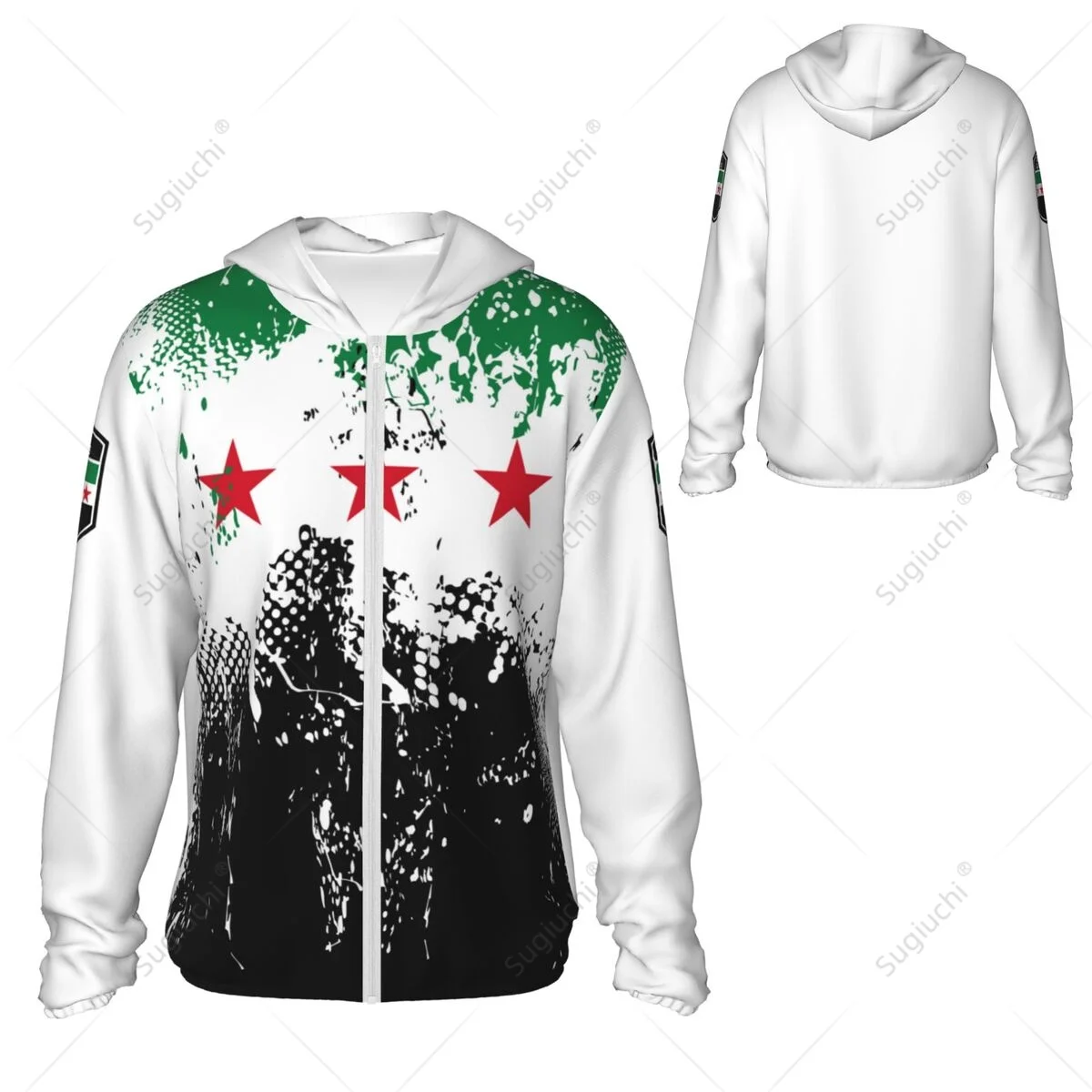 Sudadera con capucha de protección solar, ropa de pesca, ciclismo, correr, secado rápido, manga larga con cremallera, poliéster, Bandera de Syria, 1932-1963