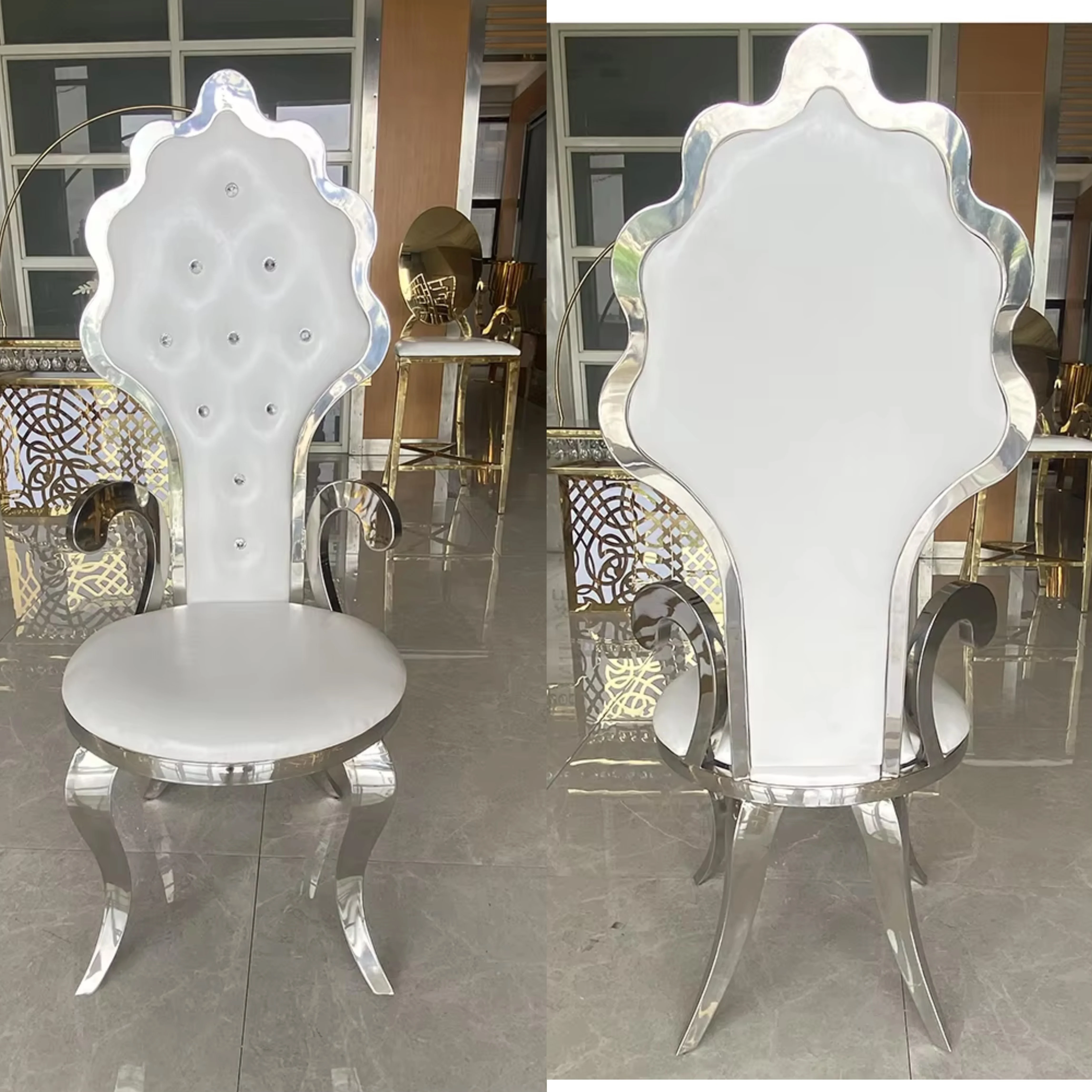 

TOP Royal Stainless Steel High Leaf Back King Throne Banquet Wedding Chair For Groom And Bridal