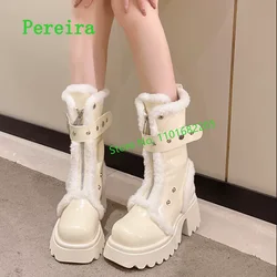 White Platform Mid Calf Snow Boots 2024 Solid Round Toe Chunky Heel Front Zipper Women's Warm Anti Slip Shoes For Footwear