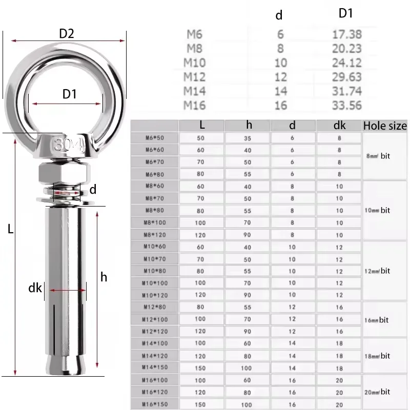 304 Stianless Steel M6 M8 M10 M12 M14 M16 M18 M20  Expansion Bolts With Ring Wall Anchors Eye Screws Length 50mm~300mm