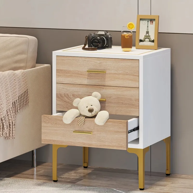 3 drawer 50cm modern platinum bedside table with 3D gold square pattern