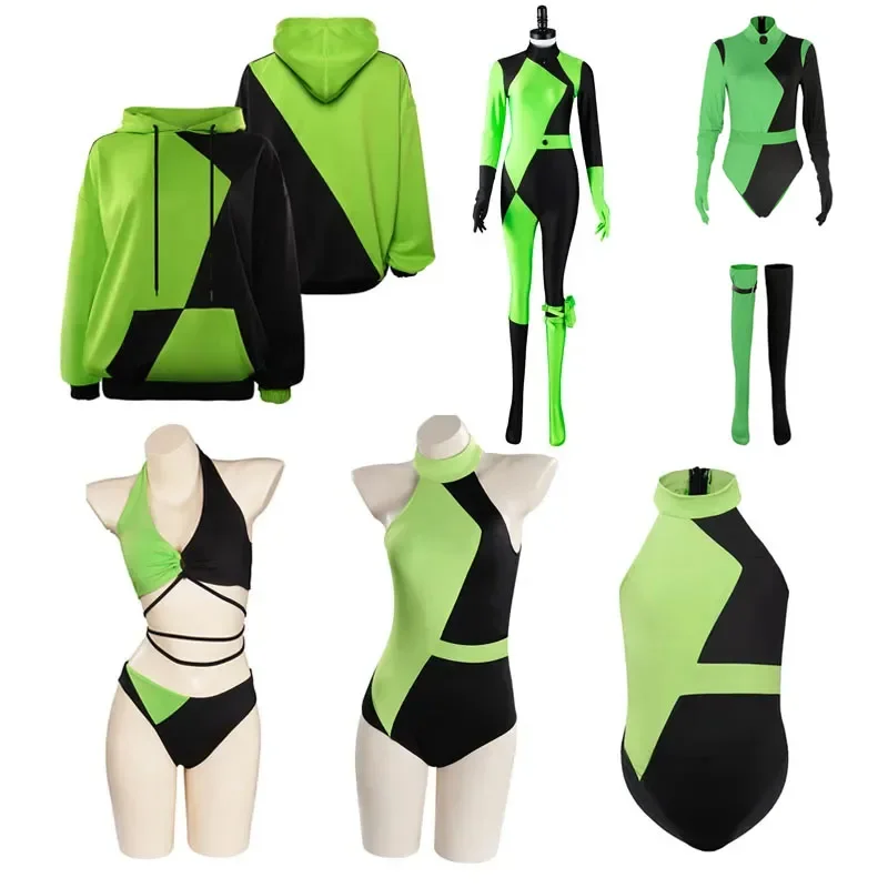 Shego Cosplay Costume Hooded Hoodies Coat Jumpsuit Swimmsuit Halloween Carnival Party Suit For Adult Women Girls Kids Children