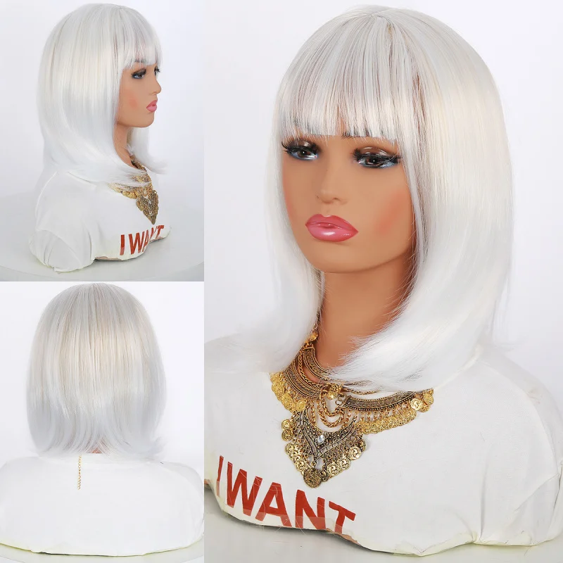 New European and American style bob with bangs, silver-white short straight hair wig, synthetic high-temperature fiber