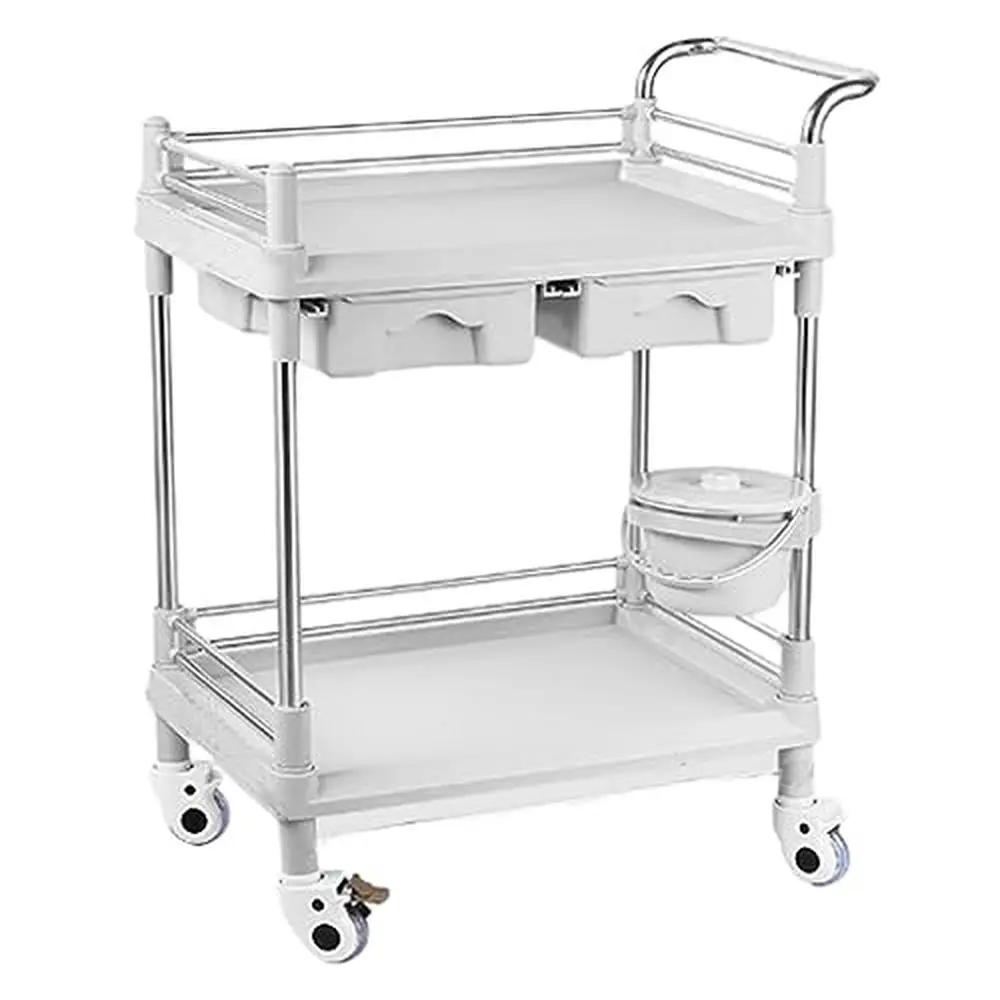 Medical Utility Cart with 4 Wheels 2/3 Tier Rolling Stand Salon Storage ABS Steel Frame Drawers Waste Bin Silent Wheels Beauty