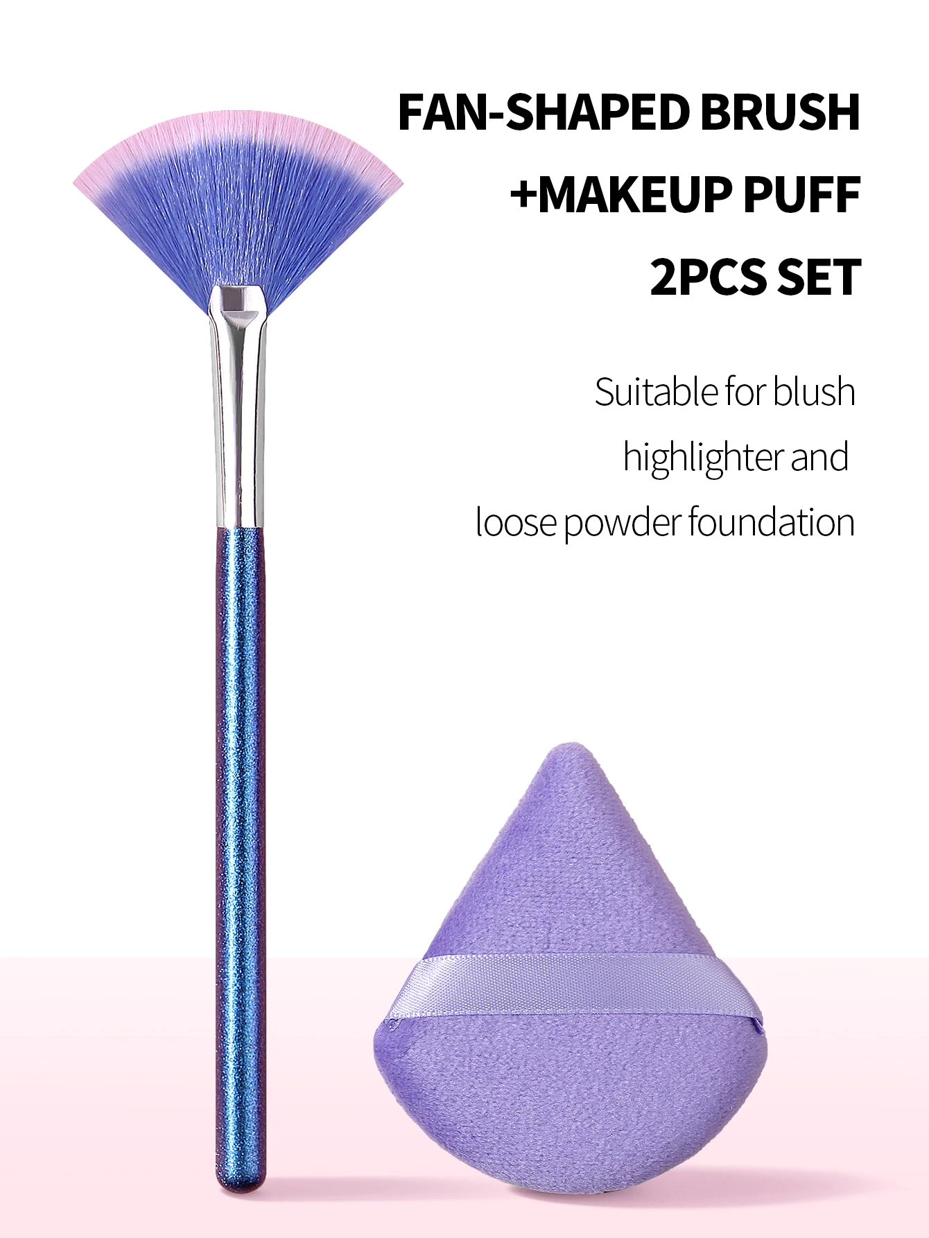 2Pcs Fan Shaped Highlighter Makeup Brush Triangle Velvet Powder Puff Set Soft Blush Brush Loose Powder Foundation Cosmetic Makeu