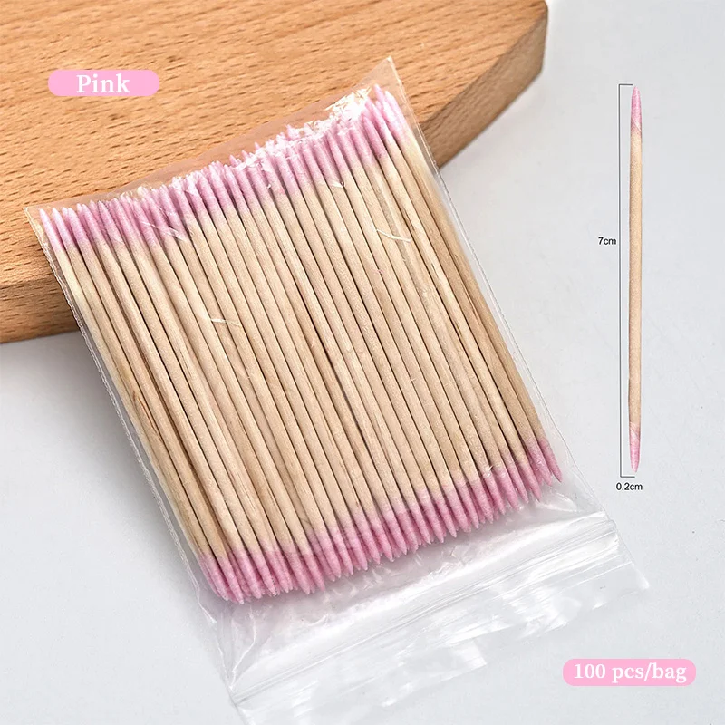 100 個両頭綿棒木製スティック付き尖った先端綿棒マニキュアリムーバー用使い捨てアートツール