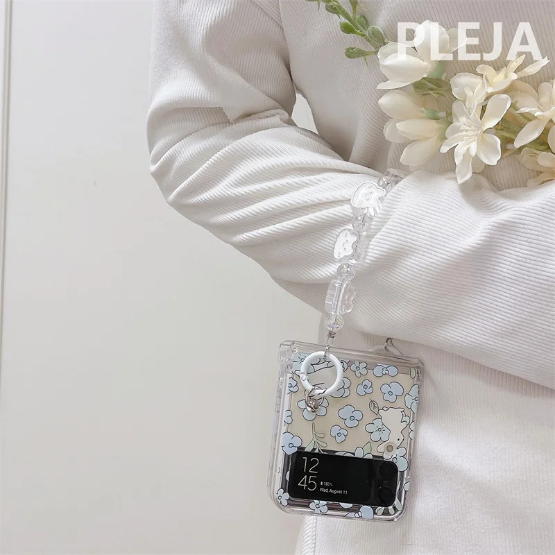 Korean Cute Flower Rabbit Chain Phone Case For Samsung Galaxy Z Flip 6 5 4 3 Z Flip3 Flip4 5G Cover Kawaii Cartoon Hinge Cases