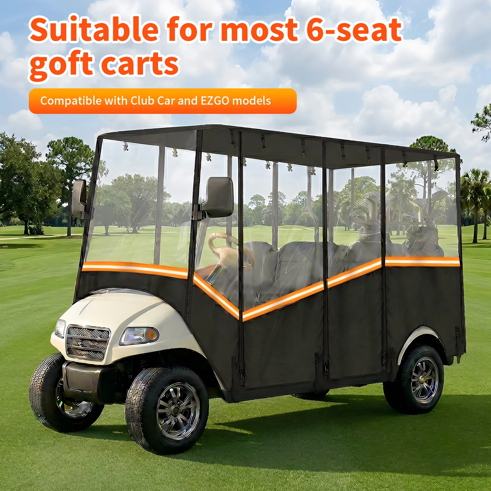 

Fits 6-Person Winter Windprood Cover with Transparent Windshield & Reflective Strips 600D Waterproof Oxford Fabric for Club Car