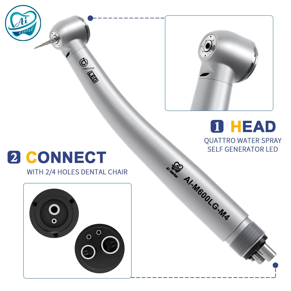 AI Dental LED High Speed Air Turbine Handpiece with Self-Power E-generator Fiber Optic Push Button Standard/Mini Head 2/4 Holes