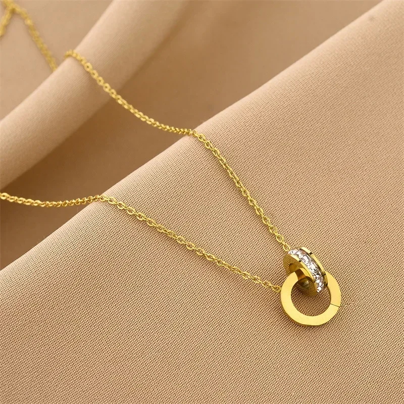 Roman Double Ring Zircon Pendant Titanium Steel Necklace for Women Not Fading Simple Light Luxury Collarbone Versatile Accessory