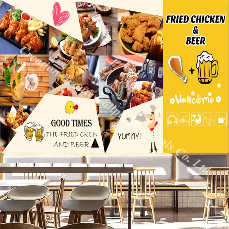 Custom Fried Chicken Beer Wallpaper Mural Fast Food Restaurant Snack Shop Bar Backdrop Wall Paper Papel Tapiz Papel De Parede