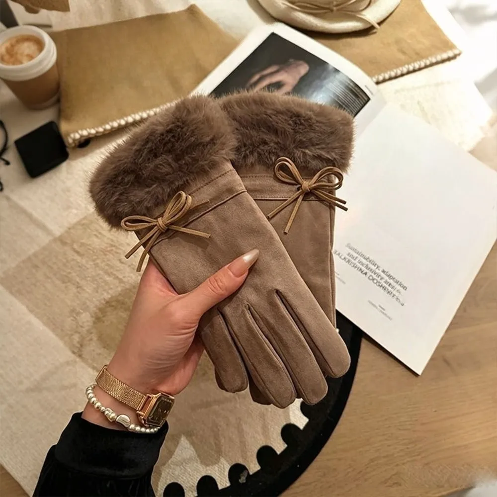 Practical Fleece Lined Faux Fur Gloves Bow Decoration One Size Fleece Lined Gloves Winter Thick Warm Gloves Girls