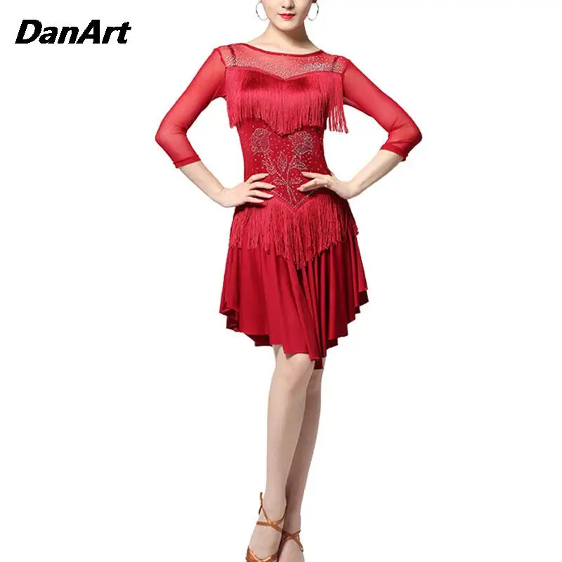 

Lady Tassel Silk Dress Latin Dance Dress Salsa Rumba Bodycon Dance Training Suit Professional Stage Performance Costumes