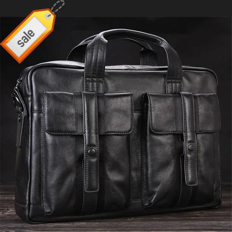 High Class Luxury Genuine Briefcases Leather Office Men Business Male 15"Laptop Shoulder Bags Tote Black