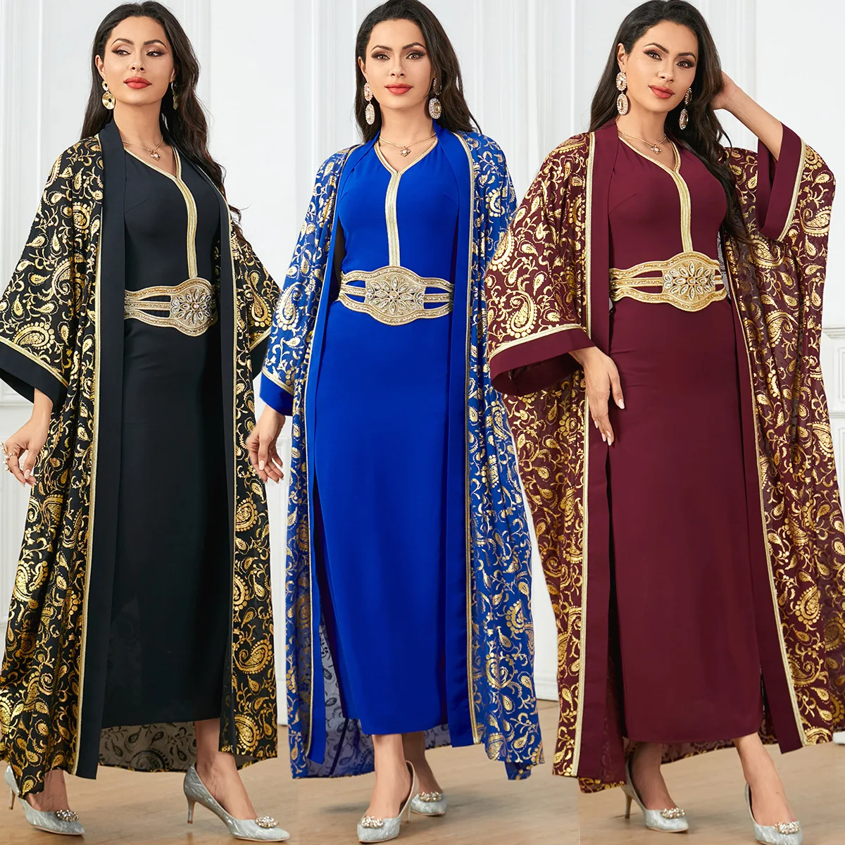 

3838 Summer New Muslim Hot Stamped Robe Two Piece Dress with Belt