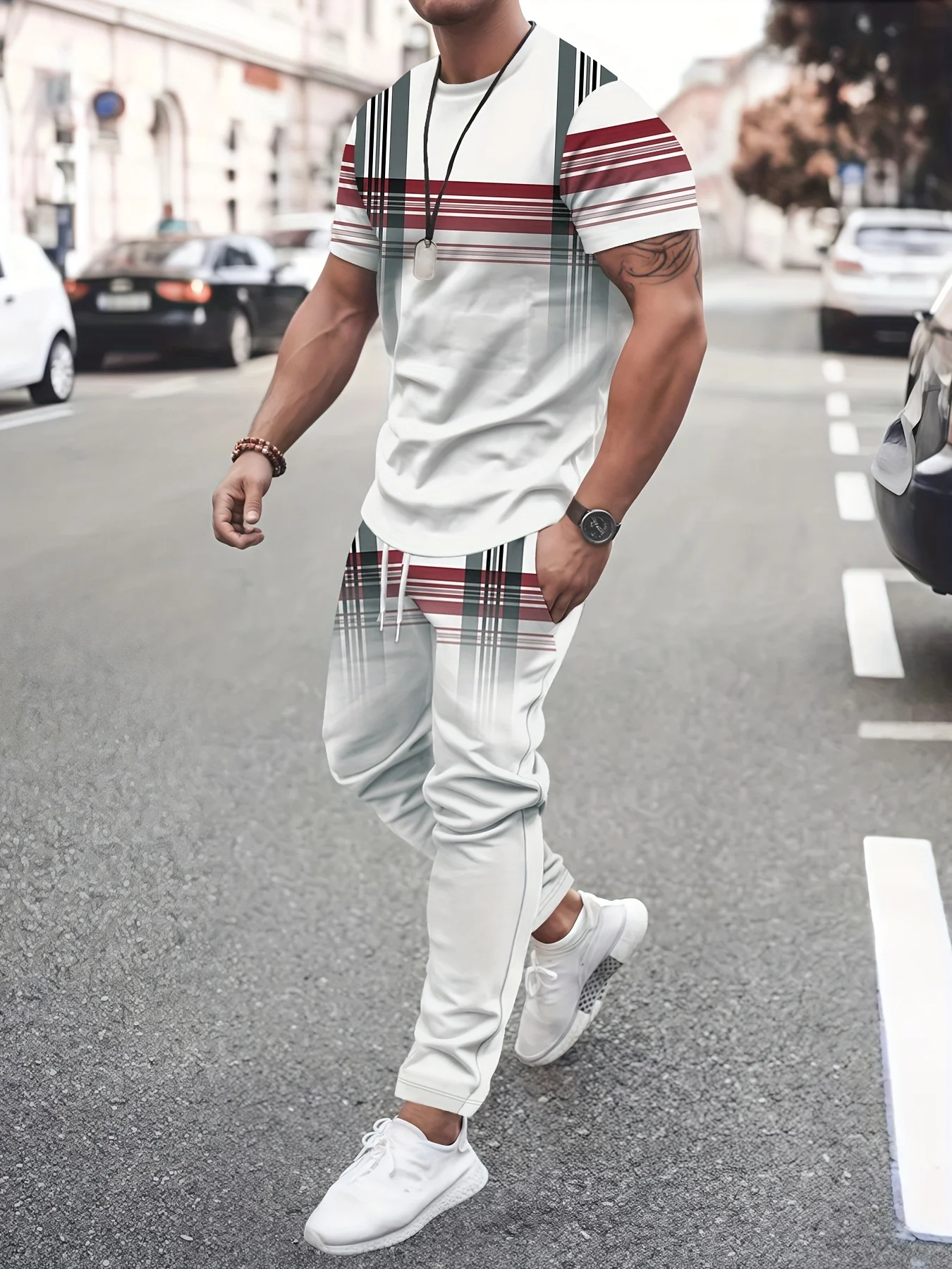 

The new men's set for summer 2025 features 3D striped printing which is casual fashionable comfortable and breathable