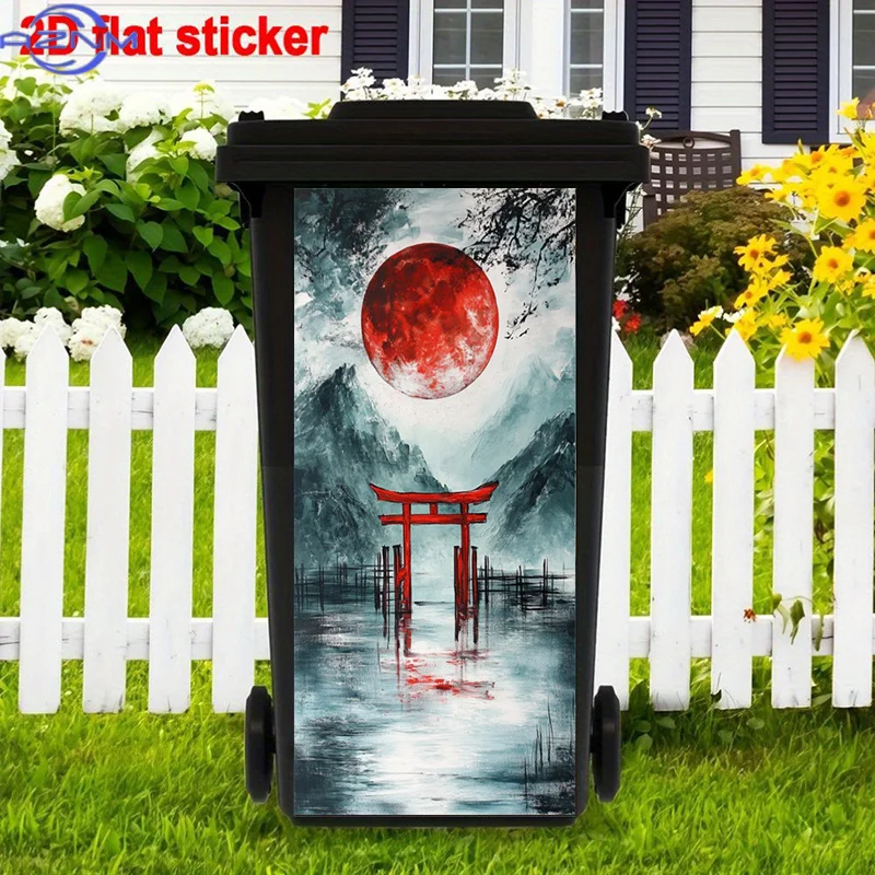 Japanese Style Trash Can Sticker, Red Moon Self-Adhesive Art Stickers, Mountain Stickers, Poem Home Decor Trash Can Decal Stic