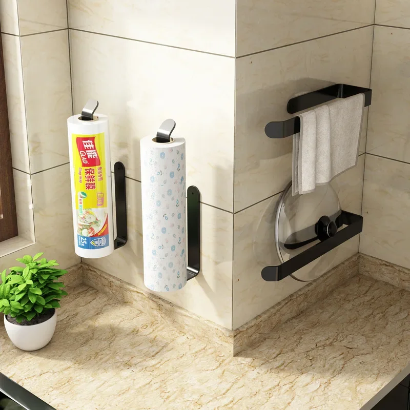 

Kitchen Tissue Holder Without Punching Space Aluminum Black Cabinet Refrigerator Hanging Cling Film Bag Roll Paper Storage