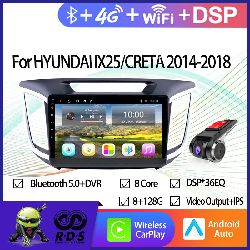 6G+128G Android Car GPS Navigation For HYUNDAI IX25/CRETA 2014-2018 Car Radio Stereo With Wifi 4G DSP CARPLAY Bluetooth