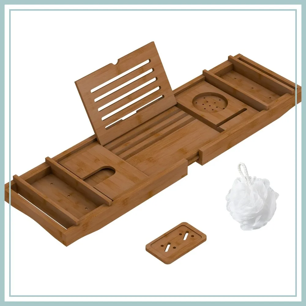 Expandable Bamboo Bathtub Tray for Luxury Bathroom, Spa Wooden Table with Soap & Book Holder for Reading